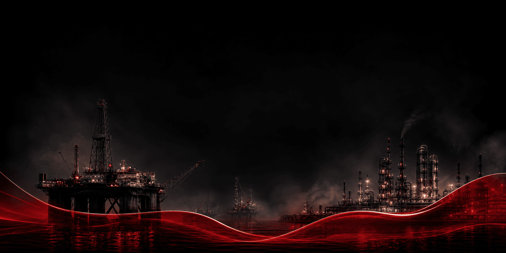 Industrial offshore oil rigs and red lubricant wave